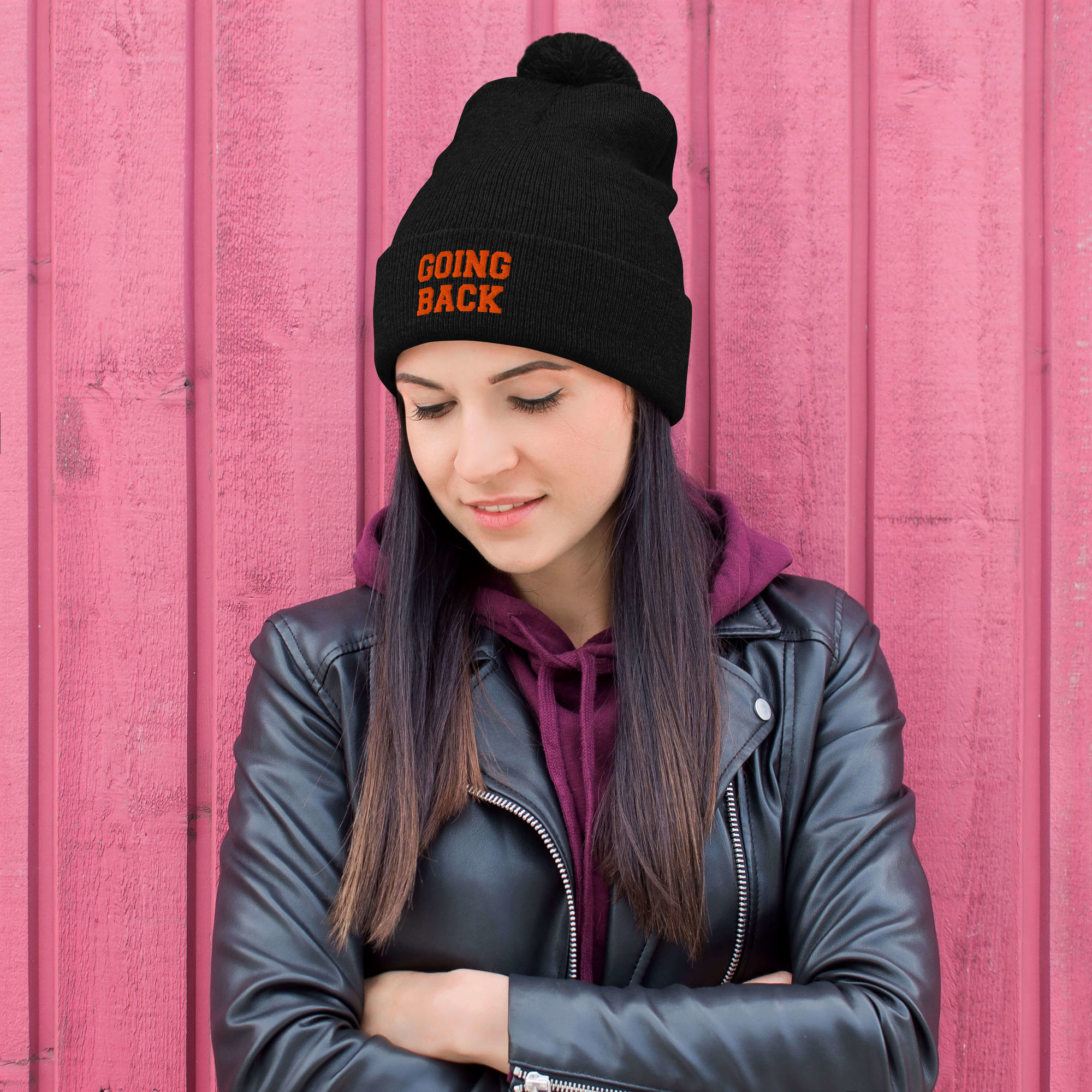 GOING BACK Embroidered Knit Pom-Pom Beanie - Image 2